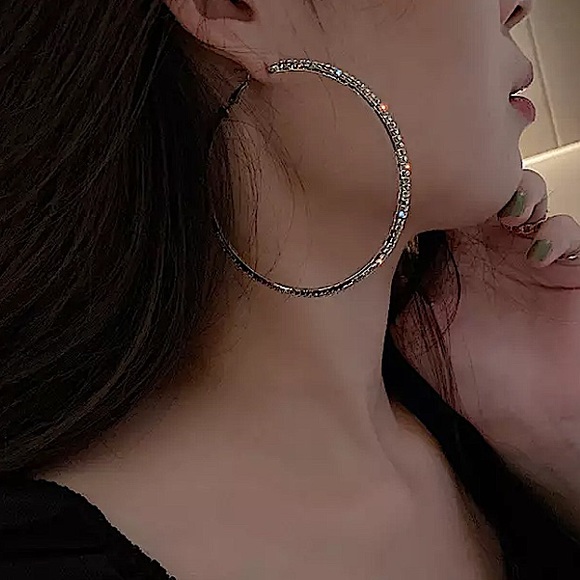 SILVER RHINESTONE HOOP EARRINGS - Picture 2 of 8